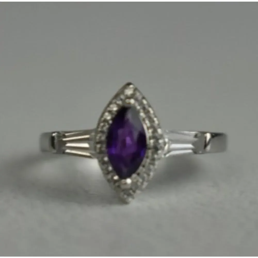 925 Sterling Silver Amethyst & Colorless Spinel Ring Size 8